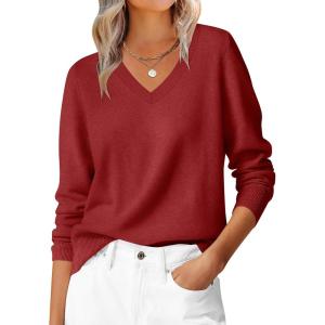 imageANRABESS Womens Long Sleeve V Neck Sweaters 2025 Fall Casual Classic Soft Loose Fit Basic Pullover Jumper TopRed