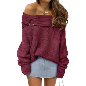 imageANRABESS Womens Off The Shoulder Sweater Long Sleeve Casual Loose 2025 Fall Pullover Sweaters TopsBerry Red