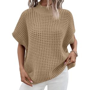 imageANRABESS Womens Oversized Short Batwing Sleeve Sweater Mock Neck Casual 2025 Summer Fall Knit Sleeveless Pullover Vest TopsKhaki