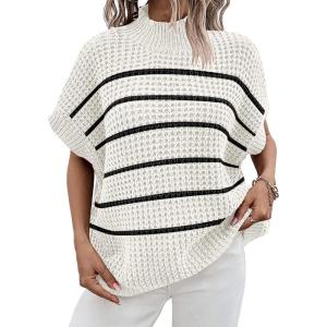 imageANRABESS Womens Oversized Short Batwing Sleeve Sweater Mock Neck Casual 2025 Summer Fall Knit Sleeveless Pullover Vest TopsWhite Black Stripe
