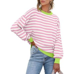 imageANRABESS Womens Oversized Striped Sweaters Long Sleeve Crewneck Casual Side Slit Pullover Tops 2025 Fall Trendy OutfitsLight Pink White