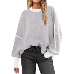 imageANRABESS Womens Oversized Sweaters Fall 2025 Fashion Crewneck Batwing Long Sleeve Side Slit Knit Pullover Sweater TopsBeige Grey