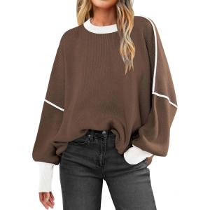 imageANRABESS Womens Oversized Sweaters Fall 2025 Fashion Crewneck Batwing Long Sleeve Side Slit Knit Pullover Sweater TopsBrown