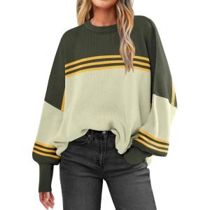 imageANRABESS Womens Oversized Sweaters Fall 2025 Fashion Crewneck Batwing Long Sleeve Side Slit Knit Pullover Sweater TopsColorblock Armygreen