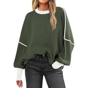imageANRABESS Womens Oversized Sweaters Fall 2025 Fashion Crewneck Batwing Long Sleeve Side Slit Knit Pullover Sweater TopsGreen