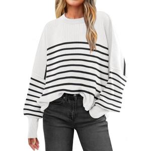 imageANRABESS Womens Oversized Sweaters Fall 2025 Fashion Crewneck Batwing Long Sleeve Side Slit Knit Pullover Sweater TopsStripe Black