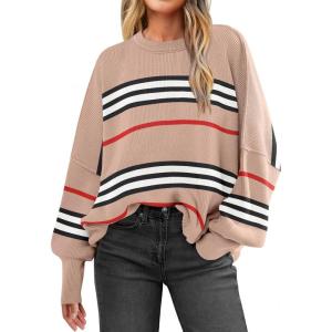 imageANRABESS Womens Oversized Sweaters Fall 2025 Fashion Crewneck Batwing Long Sleeve Side Slit Knit Pullover Sweater TopsStripe Khaki Black