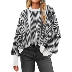 imageANRABESS Womens Oversized Sweaters Fall 2025 Fashion Crewneck Batwing Long Sleeve Side Slit Knit Pullover Sweater TopsWave Black