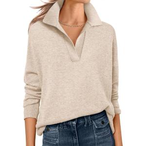 imageANRABESS Womens Polo V Neck Long Sleeve Sweaters Lightweight Dressy Casual Business Basic Knit Pullover Top 2025 Fall OutfitsAlmond