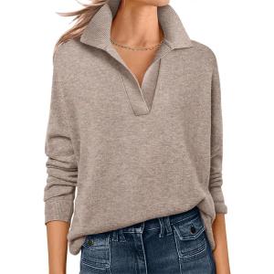 imageANRABESS Womens Polo V Neck Long Sleeve Sweaters Lightweight Dressy Casual Business Basic Knit Pullover Top 2025 Fall OutfitsTan
