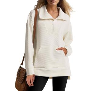 imageANRABESS Womens Quarter Zip Oversized Long Sleeve Ribbed Knit Tunic SweatshirtsBeige