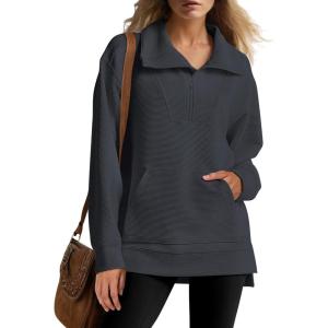 imageANRABESS Womens Quarter Zip Oversized Long Sleeve Ribbed Knit Tunic SweatshirtsDeep Grey