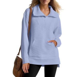 imageANRABESS Womens Quarter Zip Oversized Long Sleeve Ribbed Knit Tunic SweatshirtsLight Blue