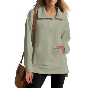imageANRABESS Womens Quarter Zip Oversized Long Sleeve Ribbed Knit Tunic SweatshirtsLight Green