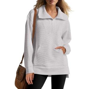 imageANRABESS Womens Quarter Zip Oversized Long Sleeve Ribbed Knit Tunic SweatshirtsLight Grey