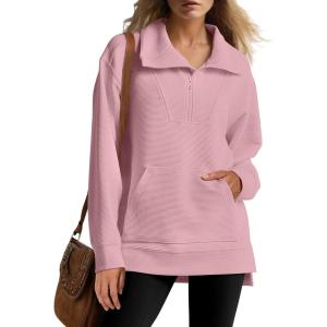 imageANRABESS Womens Quarter Zip Oversized Long Sleeve Ribbed Knit Tunic SweatshirtsPink