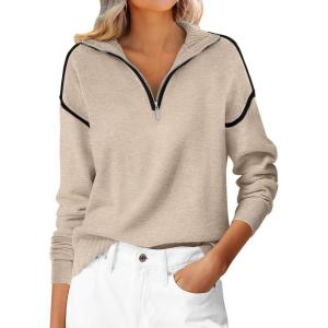 imageANRABESS Womens Quarter Zip Sweaters 2025 Fall Long Sleeve V Neck Collared Business Casual Tops Knit Pullover Sweater ShirtsAlmond