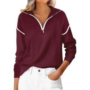 imageANRABESS Womens Quarter Zip Sweaters 2025 Fall Long Sleeve V Neck Collared Business Casual Tops Knit Pullover Sweater ShirtsBurgund