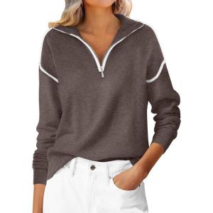 imageANRABESS Womens Quarter Zip Sweaters 2025 Fall Long Sleeve V Neck Collared Business Casual Tops Knit Pullover Sweater ShirtsCoffee