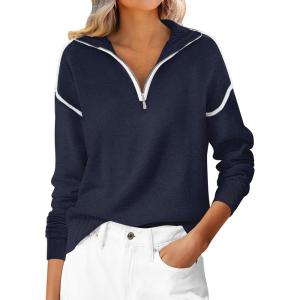 imageANRABESS Womens Quarter Zip Sweaters 2025 Fall Long Sleeve V Neck Collared Business Casual Tops Knit Pullover Sweater ShirtsNavy Blue