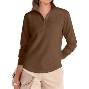 imageANRABESS Womens Quarter Zip Sweatshirts 2025 Fall Long Sleeve Comfy Relaxed Casual Lightweight Pullover Tops with ThumbholeBrown