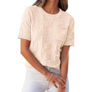 imageANRABESS Womens Short Sleeve Sweater Tops 2025 Spring Summer Business Casual Crewneck Trendy Knit Textured Lightweight ShirtsApricot