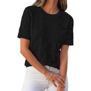 imageANRABESS Womens Short Sleeve Sweater Tops 2025 Spring Summer Business Casual Crewneck Trendy Knit Textured Lightweight ShirtsBlack