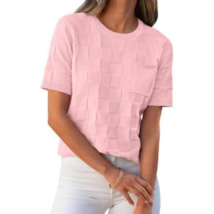 imageANRABESS Womens Short Sleeve Sweater Tops 2025 Spring Summer Business Casual Crewneck Trendy Knit Textured Lightweight ShirtsCoral Pink