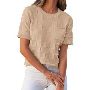 imageANRABESS Womens Short Sleeve Sweater Tops 2025 Spring Summer Business Casual Crewneck Trendy Knit Textured Lightweight ShirtsKhaki