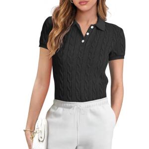 imageANRABESS Womens Short Sleeve Sweaters Tops Polo V Neck Button Cable Knit Pullover Business Shirts 2025 Summer Casual OutfitsBlack