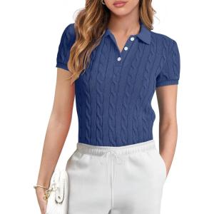 imageANRABESS Womens Short Sleeve Sweaters Tops Polo V Neck Button Cable Knit Pullover Business Shirts 2025 Summer Casual OutfitsBlue
