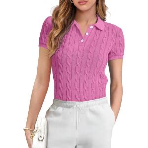 imageANRABESS Womens Short Sleeve Sweaters Tops Polo V Neck Button Cable Knit Pullover Business Shirts 2025 Summer Casual OutfitsHot Pink