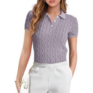 imageANRABESS Womens Short Sleeve Sweaters Tops Polo V Neck Button Cable Knit Pullover Business Shirts 2025 Summer Casual OutfitsLight Purple