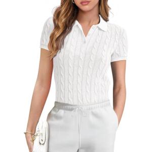 imageANRABESS Womens Short Sleeve Sweaters Tops Polo V Neck Button Cable Knit Pullover Business Shirts 2025 Summer Casual OutfitsWhite
