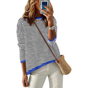 imageANRABESS Womens Striped Sweaters Long Sleeve Top Crewneck Color Block Casual Loose Knitted Pullover Shirts 2025 Fall OutfitsBlack White Blue