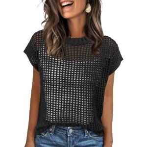 imageANRABESS Womens Tops 2025 Trendy Summer Shirts Crochet Cap Sleeve Knitted Sweater Beach Vacation Clothes Fall Fashion OutfitsBlack