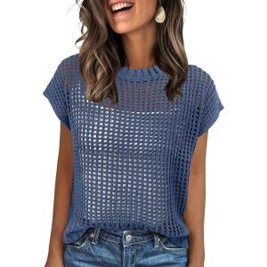 imageANRABESS Womens Tops 2025 Trendy Summer Shirts Crochet Cap Sleeve Knitted Sweater Beach Vacation Clothes Fall Fashion OutfitsBlue