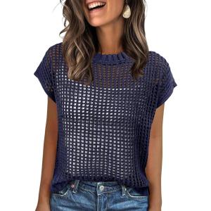 imageANRABESS Womens Tops 2025 Trendy Summer Shirts Crochet Cap Sleeve Knitted Sweater Beach Vacation Clothes Fall Fashion OutfitsNavy Blue