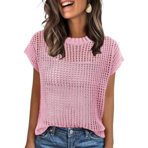 imageANRABESS Womens Tops 2025 Trendy Summer Shirts Crochet Cap Sleeve Knitted Sweater Beach Vacation Clothes Fall Fashion OutfitsPink