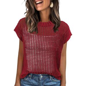 imageANRABESS Womens Tops 2025 Trendy Summer Shirts Crochet Cap Sleeve Knitted Sweater Beach Vacation Clothes Fall Fashion OutfitsRed