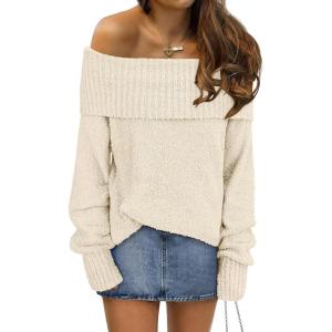 imageANRABESS Womens Turtleneck Off The Shoulder Fuzzy Knitted Long Sleeve Warm Casual Versatile Sweater 2025 FallBeige
