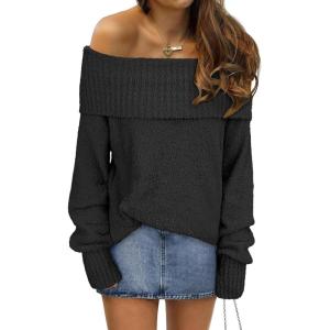 imageANRABESS Womens Turtleneck Off The Shoulder Fuzzy Knitted Long Sleeve Warm Casual Versatile Sweater 2025 FallBlack