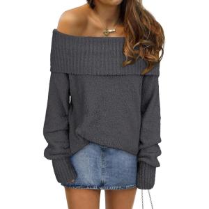 imageANRABESS Womens Turtleneck Off The Shoulder Fuzzy Knitted Long Sleeve Warm Casual Versatile Sweater 2025 FallDeep Gray