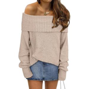 imageANRABESS Womens Turtleneck Off The Shoulder Fuzzy Knitted Long Sleeve Warm Casual Versatile Sweater 2025 FallLight Khaki
