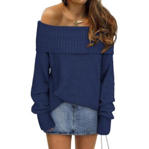 imageANRABESS Womens Turtleneck Off The Shoulder Fuzzy Knitted Long Sleeve Warm Casual Versatile Sweater 2025 FallNavy Blue