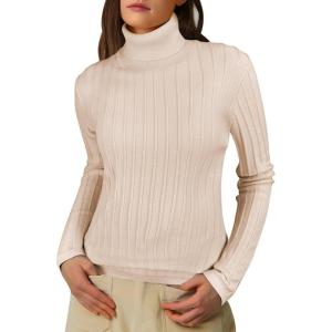 imageANRABESS Womens Turtleneck Sweaters 2025 Fall Long Sleeve Lightweight Ribbed Knit Fitted Pullover Sweater Tops Winter OutfitsYellow Apricot