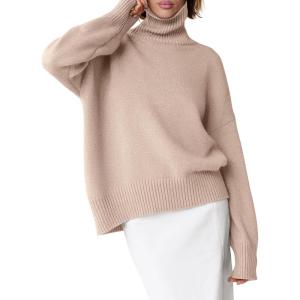 imageANRABESS Womens Turtleneck Sweaters Long Sleeve Oversized Chunky Knit High Low Hem Pullover Sweater Top 2025 Fall OutfitsBright Tan