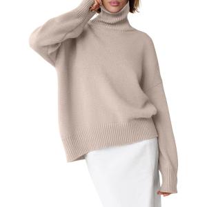 imageANRABESS Womens Turtleneck Sweaters Long Sleeve Oversized Chunky Knit High Low Hem Pullover Sweater Top 2025 Fall OutfitsLight Khaki