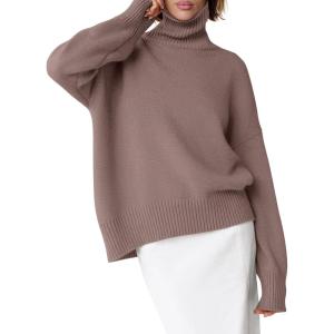 imageANRABESS Womens Turtleneck Sweaters Long Sleeve Oversized Chunky Knit High Low Hem Pullover Sweater Top 2025 Fall OutfitsNutmeg
