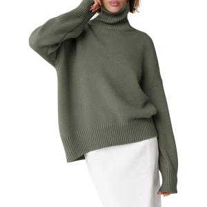 imageANRABESS Womens Turtleneck Sweaters Long Sleeve Oversized Chunky Knit High Low Hem Pullover Sweater Top 2025 Fall OutfitsOlive Green